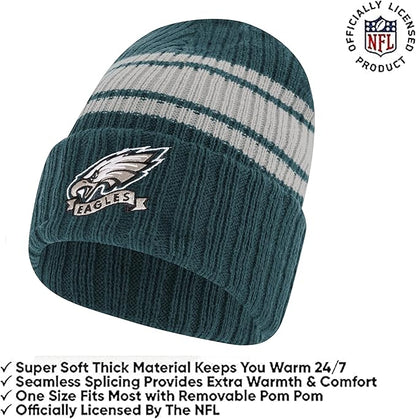 Ultra Game Youth NFL Official Super Soft Team Stripe Winter Beanie Knit Hat with Extra Warm Touch Screen Gloves|Philadelphia Eagles