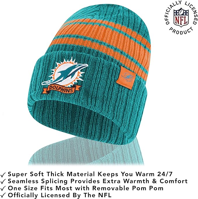 NFL Miami Dolphins Womens Super Soft Team Stripe Winter Beanie Knit Hat with Extra Warm Touch Screen Gloves|Miami Dolphins