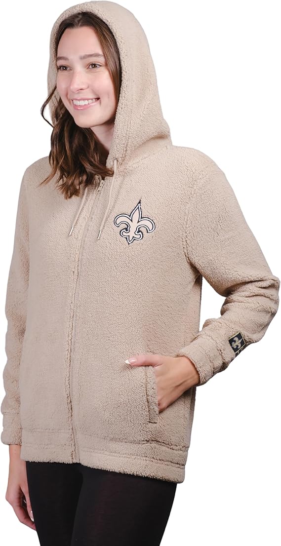 Ultra Game NFL Official Women's Super Soft Sherpa Full Zip Hoodie Sweatshirt Jacket, New Orleans Saints, Sand|New Orleans Saints