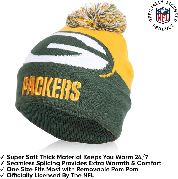 NFL Official Youth Super Soft Winter Beanie Knit Hat With Extra Warm Touch Screen Gloves|Green Bay Packers