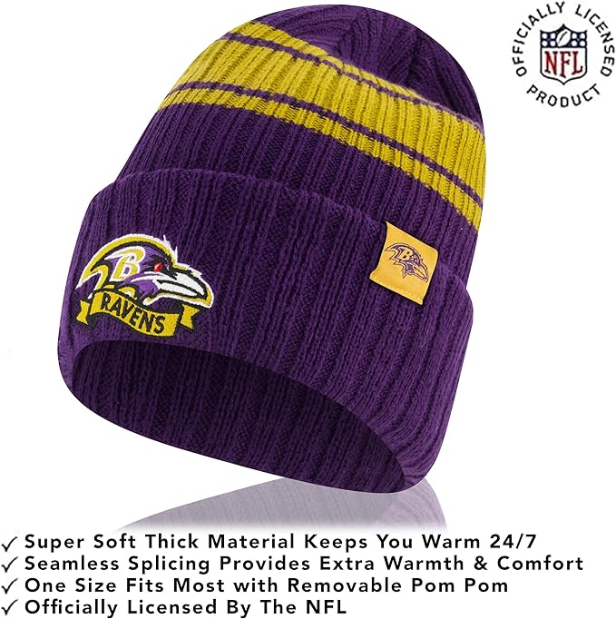 Ultra Game NFL Baltimore Ravens Womens Super Soft Team Stripe Winter Beanie Knit Hat with Extra Warm Touch Screen Gloves|Baltimore Ravens