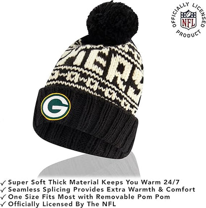 Ultra Game NFL Official Youth Super Soft Cable Knit Winter Beanie Knit Hat with Extra Warm Touch Screen Gloves, Green Bay Packers, Black, One Size|Green Bay Packers