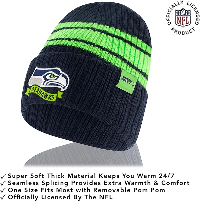 Ultra Game NFL Seattle Seahawks Womens Super Soft Team Stripe Winter Beanie Knit Hat with Extra Warm Touch Screen Gloves|Seattle Seahawks