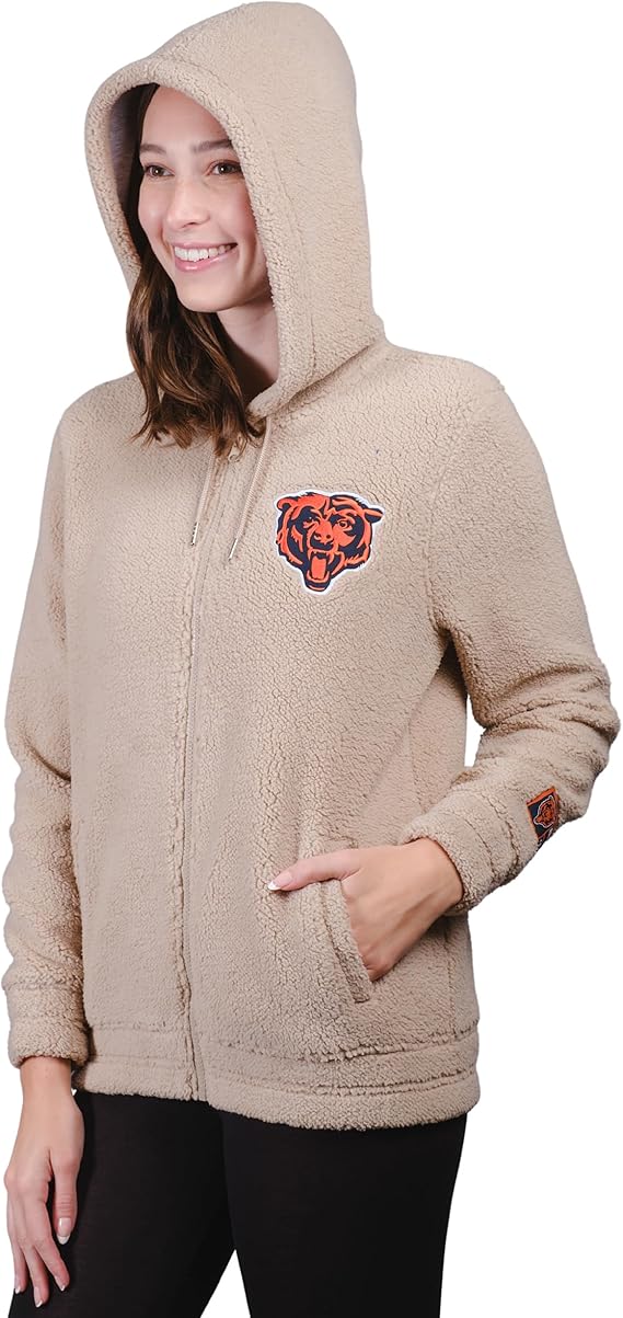 Ultra Game NFL Official Women's Super Soft Sherpa Full Zip Hoodie Sweatshirt Jacket, Chicago Bears, Sand|Chicago Bears