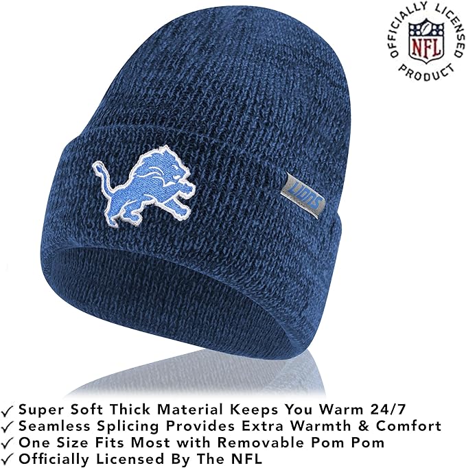 Ultra Game Adults Unisex NFL Official Super Soft Marl Knit Winter Beanie Knit Hat with Extra Warm Touch Screen Gloves|Detroit Lions