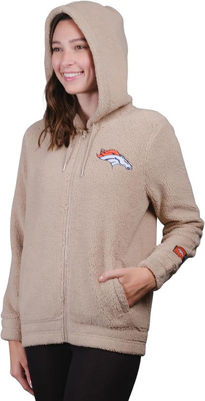 Ultra Game NFL Official Women's Super Soft Sherpa Full Zip Hoodie Sweatshirt Jacket, Denver Broncos, Sand|Denver Broncos