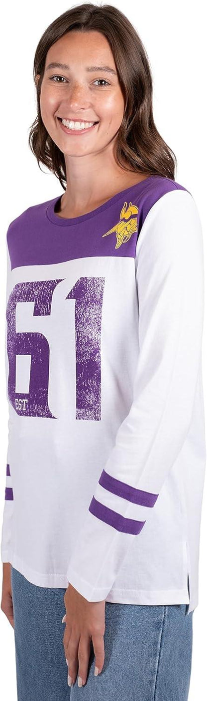 Ultra Game NFL Official Women's Super Soft Raglan Vintage Baseball T-Shirt, Minnesota Vikings, White|Minnesota Vikings