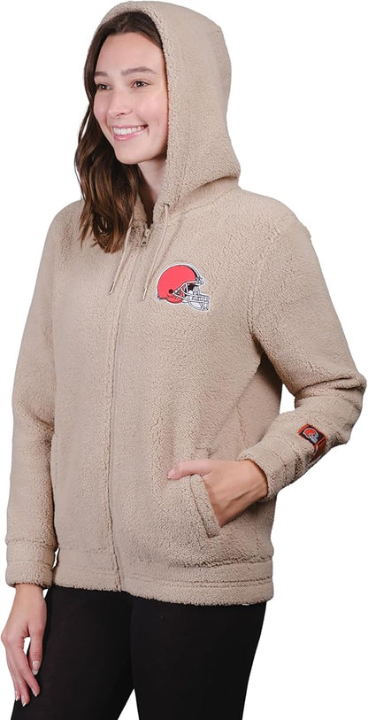 Ultra Game NFL Official Women's Super Soft Sherpa Full Zip Hoodie Sweatshirt Jacket, Cleveland Browns, Sand|Cleveland Browns