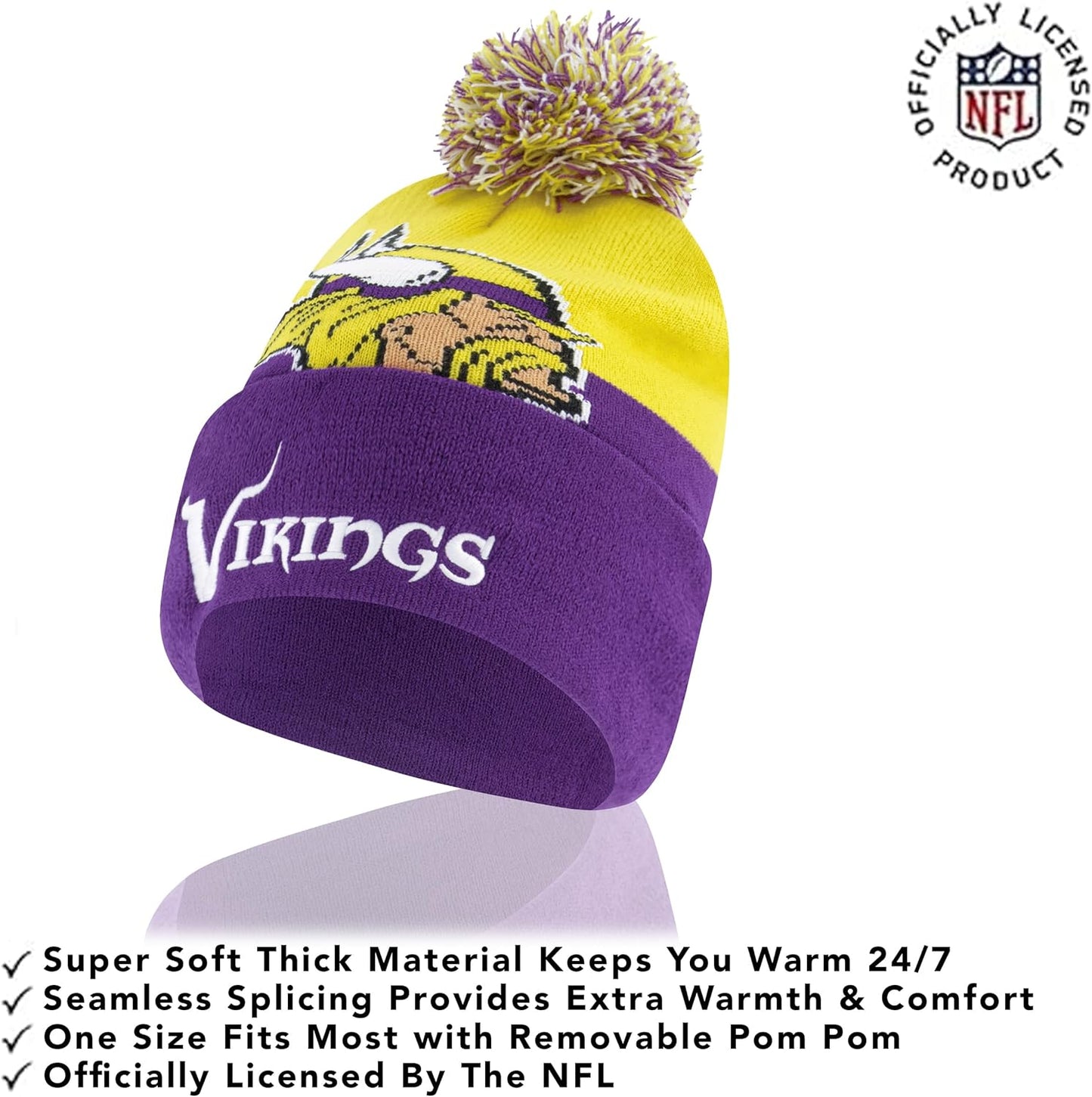 Ultra Game NFL Official Youth Super Soft Winter Beanie Knit Hat With Extra Warm Touch Screen Gloves, Minnesota Vikings, Team Color 2, 1SIZE|Minnesota Vikings