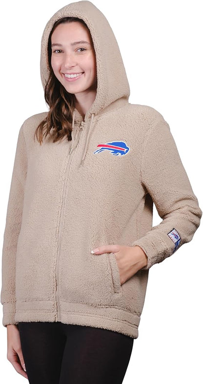 Ultra Game NFL Official Women's Super Soft Sherpa Full Zip Hoodie Sweatshirt Jacket, Buffalo Bills, Sand|Buffalo Bills