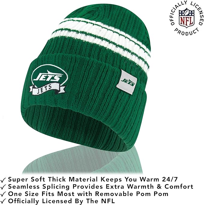 NFL New York Jets Official Adults Super Soft Winter Beanie Knit Hat with Extra Warm Touch Screen Gloves, 1SIZE|New York Jets