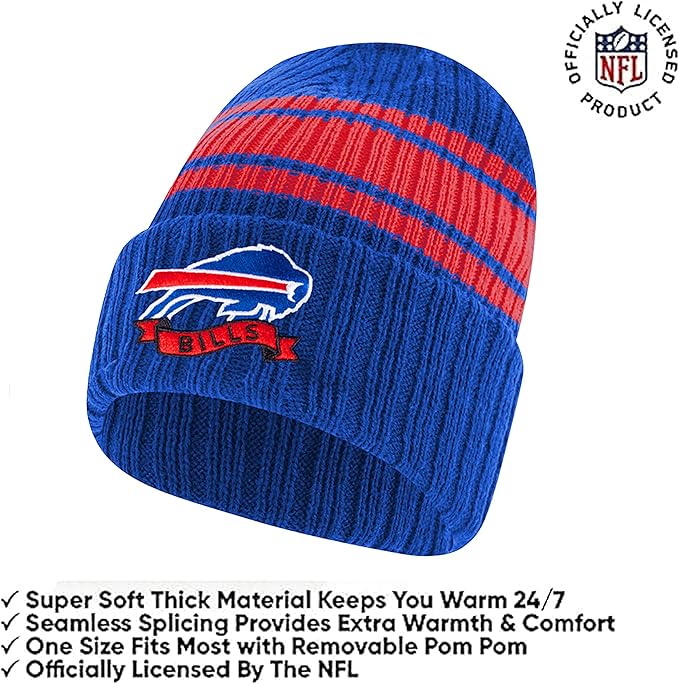 Ultra Game Youth NFL Official Super Soft Team Stripe Winter Beanie Knit Hat with Extra Warm Touch Screen Gloves|Buffalo Bills