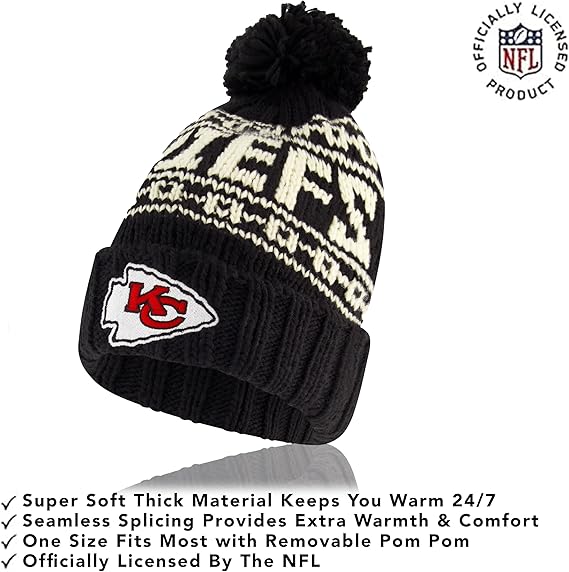 NFL Official Adults Super Soft Cable Knit Winter Beanie Knit Hat with Extra Warm Touch Screen Gloves, Kansas City Chiefs, One Size|Kansas City Chiefs