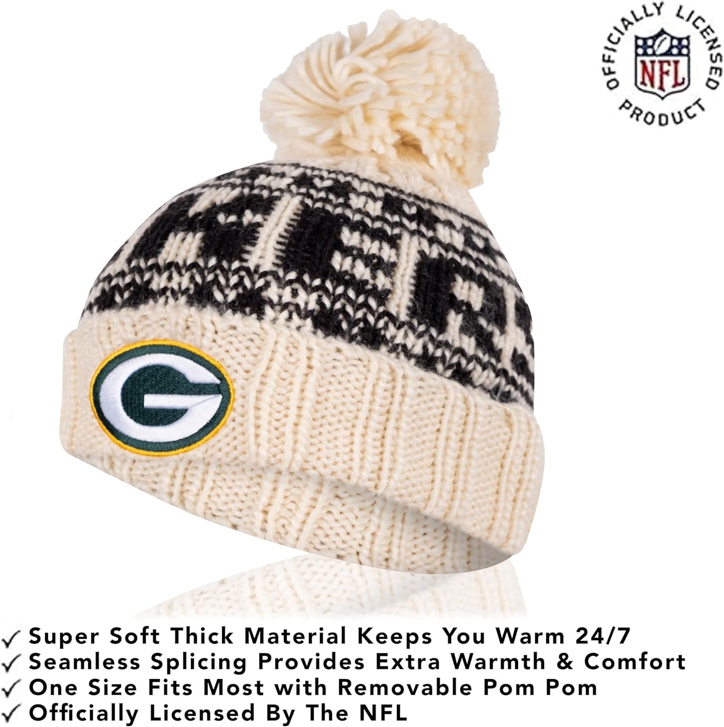 Ultra Game NFL Official Adults Super Soft Cable Knit Winter Beanie Knit Hat with Extra Warm Touch Screen Gloves, Green Bay Packer, One Size|Green Bay Packers