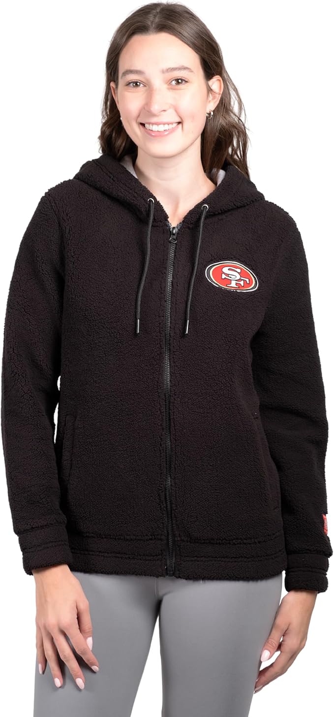 NFL Official Women's Full Zip Super Soft Sherpa Hoodie Sweatshirt Jacket - Warm Fleece Blend|San Francisco 49ers