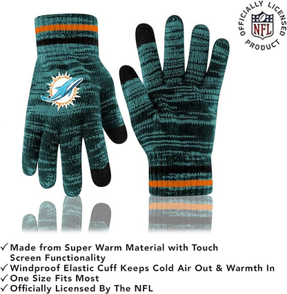 Ultra Game Youth NFL Official Super Soft Marl Knit Winter Beanie Knit Hat with Extra Warm Touch Screen Gloves|Miami Dolphins