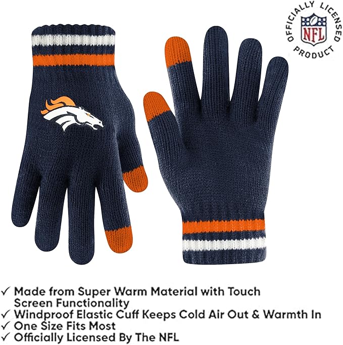 Ultra Game Youth NFL Official Super Soft Team Stripe Winter Beanie Knit Hat with Extra Warm Touch Screen Gloves|Denver Broncos