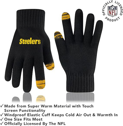 Ultra Game NFL Official Adults Super Soft Two Tone Winter Beanie Knit Hat with Extra Warm Touch Screen Gloves, Pittsburgh Steelers, Team Color, One Size|Pittsburgh Steelers