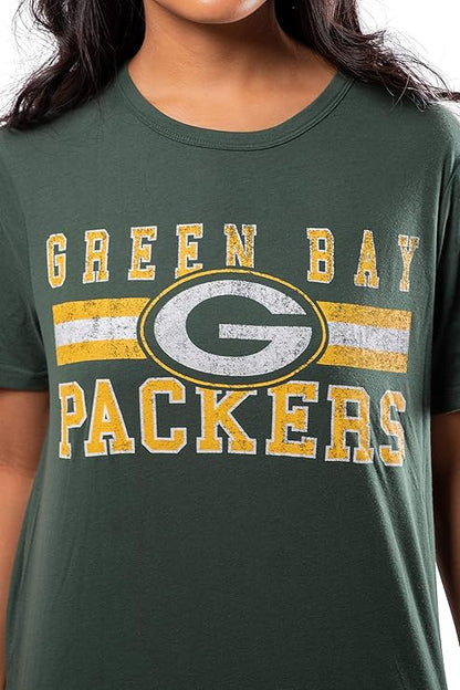 Ultra Game NFL Official Women's Distressed Graphics Super Soft Crew Neck T-Shirt, Green Bay Packers, Team Color|Green Bay Packers