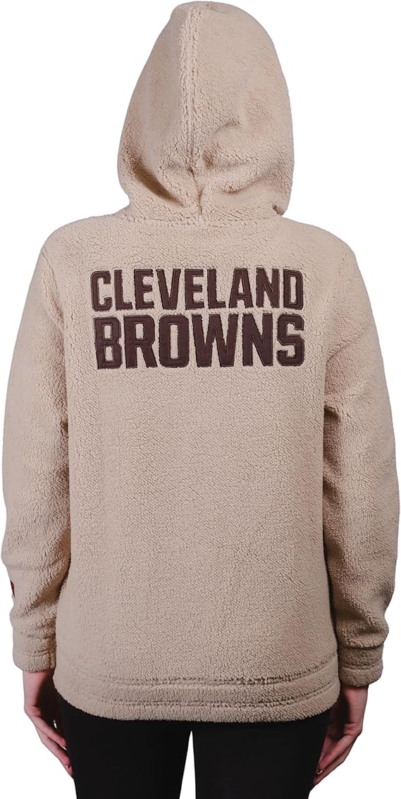 Ultra Game NFL Official Women's Super Soft Sherpa Full Zip Hoodie Sweatshirt Jacket, Cleveland Browns, Sand|Cleveland Browns