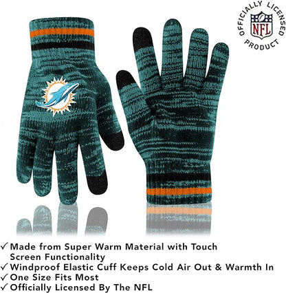 NFL Official Super Soft Marl Knit Winter Beanie Knit Hat with Extra Warm Touch Screen Gloves|Miami Dolphins