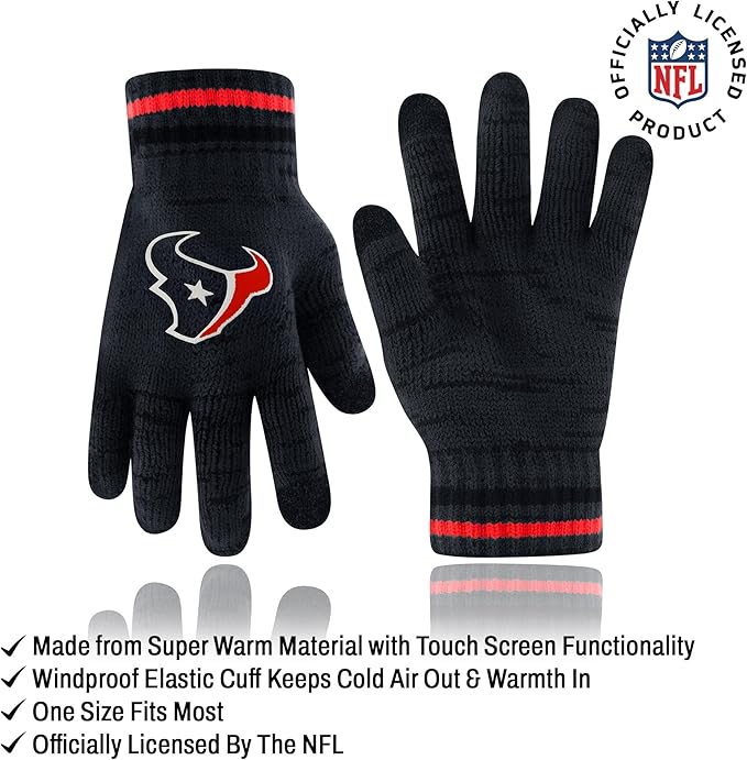 Ultra Game Youth NFL Official Super Soft Marl Knit Winter Beanie Knit Hat with Extra Warm Touch Screen Gloves|Houston Texans