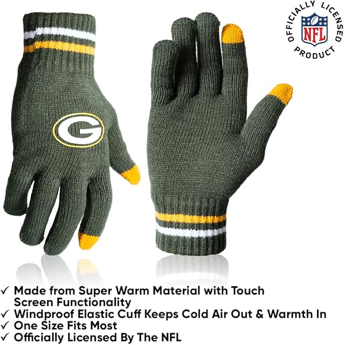 NFL Official Adults Unisex Super Soft Winter Beanie Knit Hat With Extra Warm Touch Screen Gloves|Green Bay Packers