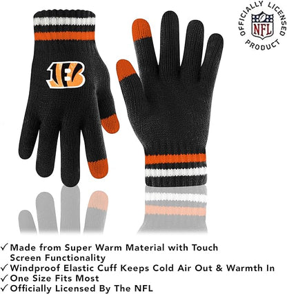 NFL Womens Super Soft Team Stripe Winter Beanie Knit Hat with Extra Warm Touch Screen Gloves|Cincinnati Bengals