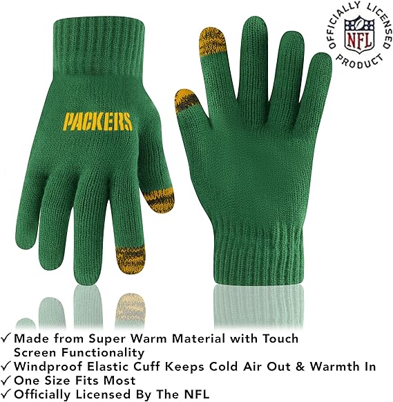 Ultra Game NFL Official Youth Super Soft Two Tone Winter Beanie Knit Hat with Extra Warm Touch Screen Gloves, Green Bay Packers, Team Color, One Size|Green Bay Packers