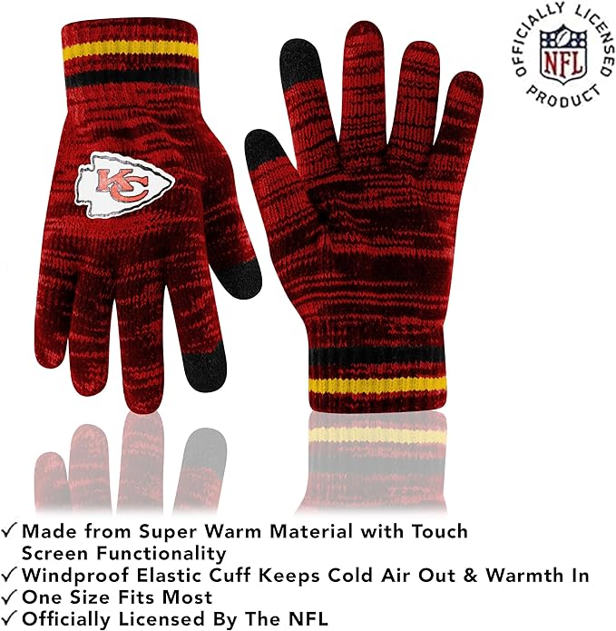 Ultra Game Adults Unisex NFL Official Super Soft Marl Knit Winter Beanie Knit Hat with Extra Warm Touch Screen Gloves|Kansas City Chiefs