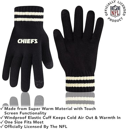 Ultra Game NFL Official Youth Super Soft Cable Knit Winter Beanie Knit Hat with Extra Warm Touch Screen Gloves, Kansas City Chiefs, Black, One Size|Kansas City Chiefs