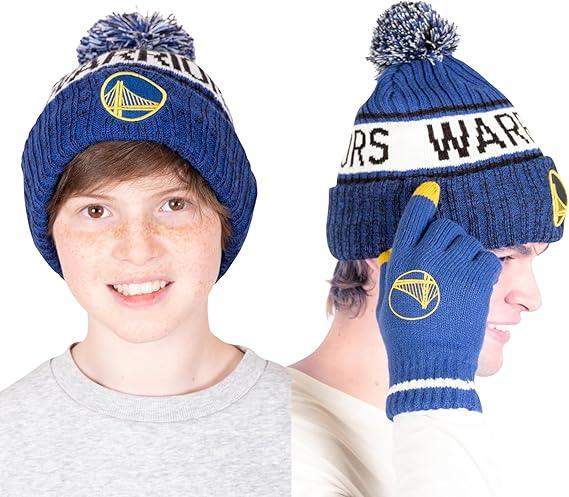 Ultra Game NBA Official Boys Girls Super Soft Winter Beanie Knit Hat With Extra Warm Touch Screen Gloves, Golden State Warriors, Team Color, 1SIZE|Golden State Warriors