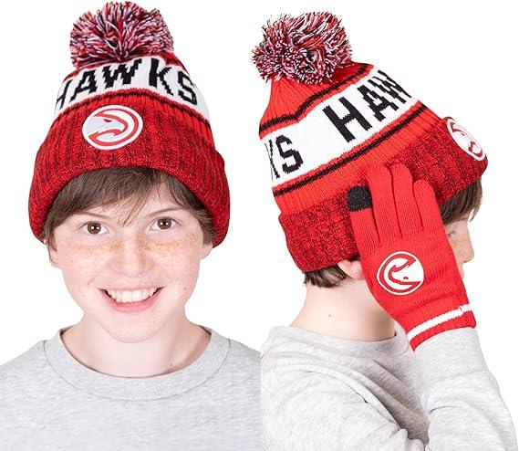 Ultra Game NBA Official Boys Girls Super Soft Winter Beanie Knit Hat With Extra Warm Touch Screen Gloves, Atlanta Hawks, Team Color, 1SIZE|Atlanta Hawks