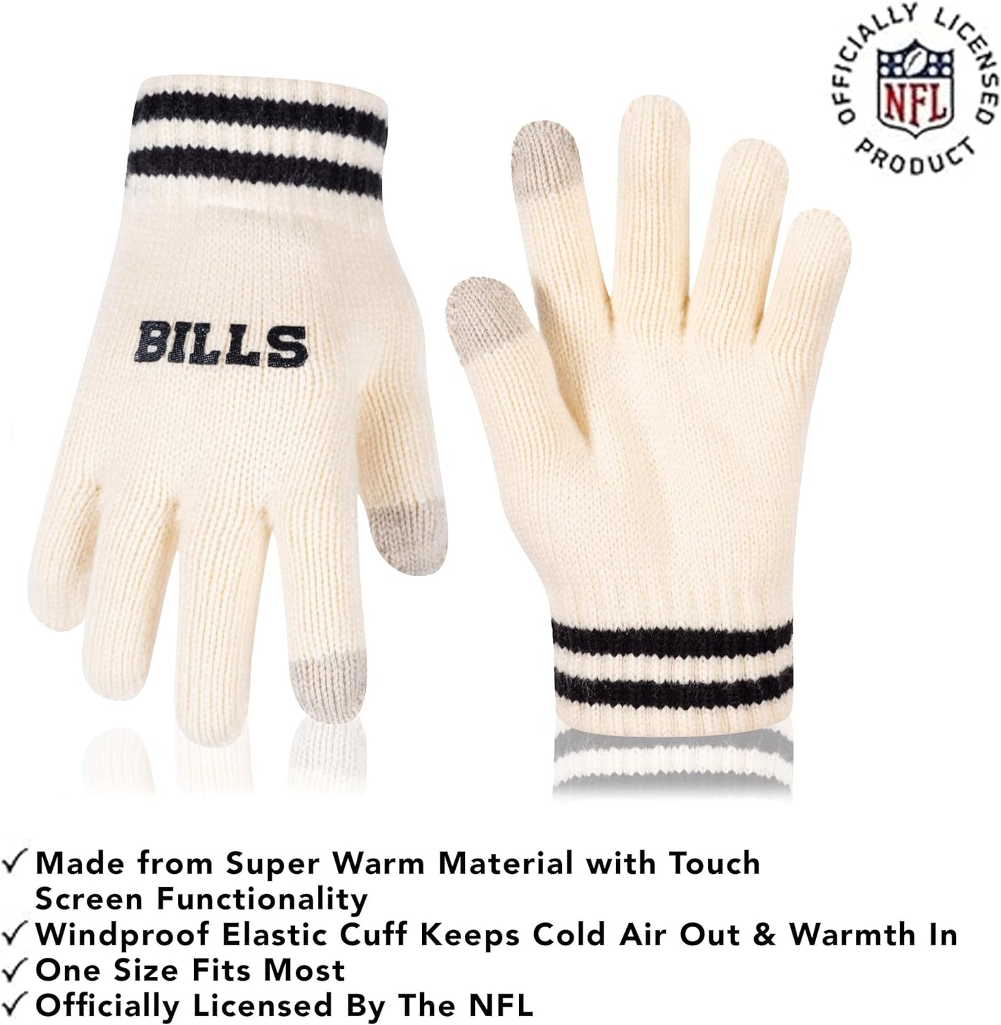 NFL Official Adults Super Soft Cable Knit Winter Beanie Knit Hat with Extra Warm Touch Screen Gloves|Buffalo Bills