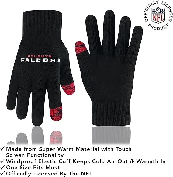 Ultra Game NFL Official Youth Super Soft Two Tone Winter Beanie Knit Hat with Extra Warm Touch Screen Gloves, Atlanta Falcons, Team Color, One Size|Atlanta Falcons