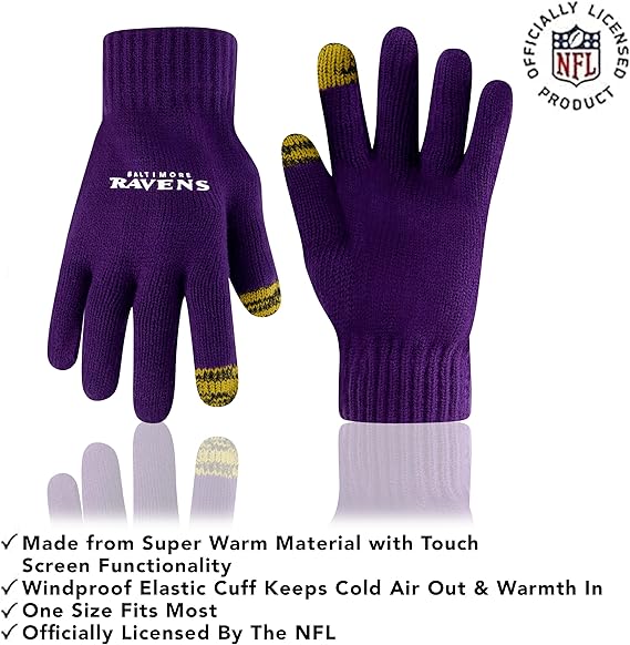 Ultra Game NFL Official Youth Super Soft Two Tone Winter Beanie Knit Hat with Extra Warm Touch Screen Gloves, Baltimore Ravens, Team Color, One Size|Baltimore Ravens