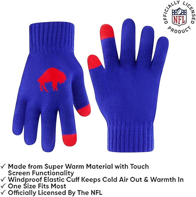 NFL Official Adults Super Soft Winter Beanie Knit Hat with Extra Warm Touch Screen Gloves|Buffalo Bills