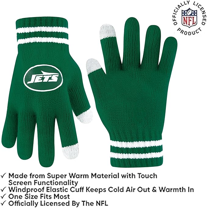 Ultra Game Youth NFL Official Super Soft Team Stripe Winter Beanie Knit Hat with Extra Warm Touch Screen Gloves|New York Jets