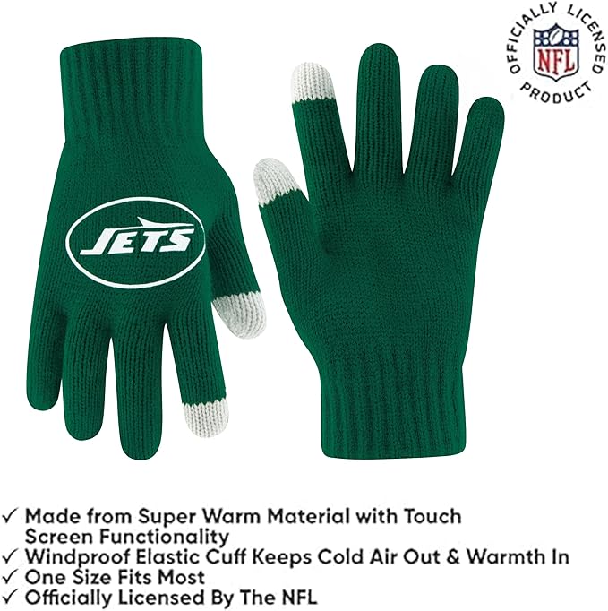 Ultra Game NFL Official Adults Unisex Super Soft Winter Beanie Knit Hat With Extra Warm Touch Screen Gloves, New York Jets, Team Color, 1SIZE|New York Jets