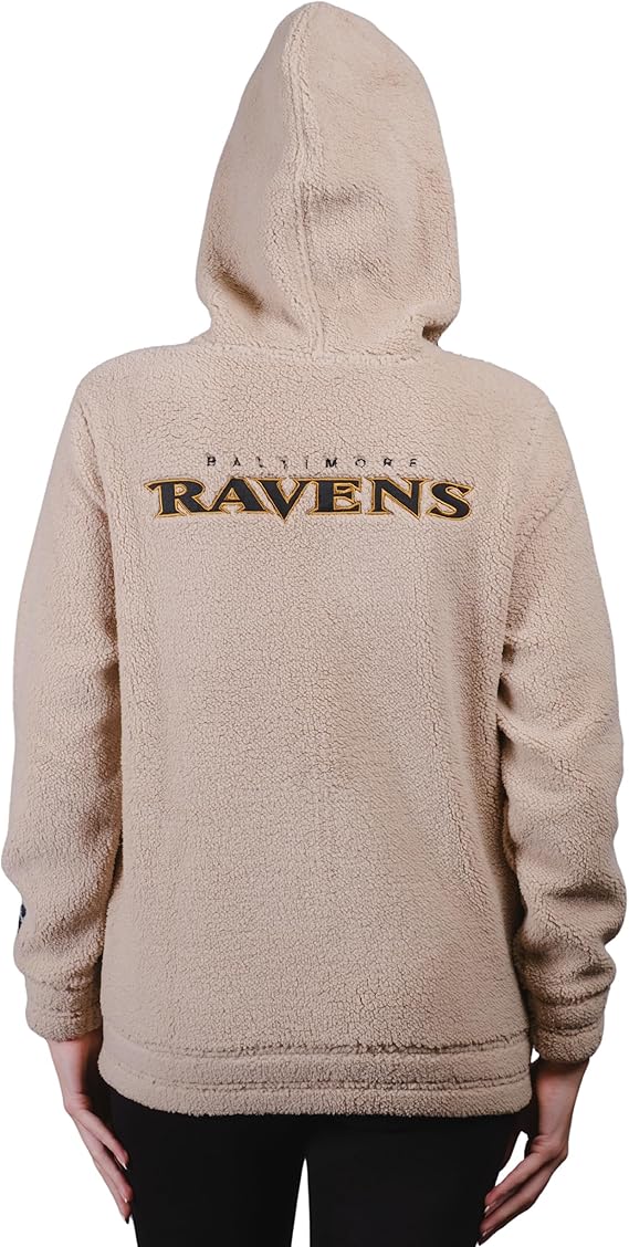 Ultra Game NFL Official Women's Super Soft Sherpa Full Zip Hoodie Sweatshirt Jacket, Baltimore Ravens, Sand|Baltimore Ravens