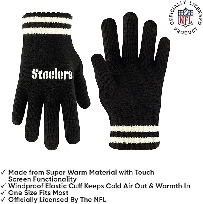 NFL Official Youth Super Soft Cable Knit Winter Beanie Knit Hat with Extra Warm Touch Screen Gloves|Pittsburgh Steelers