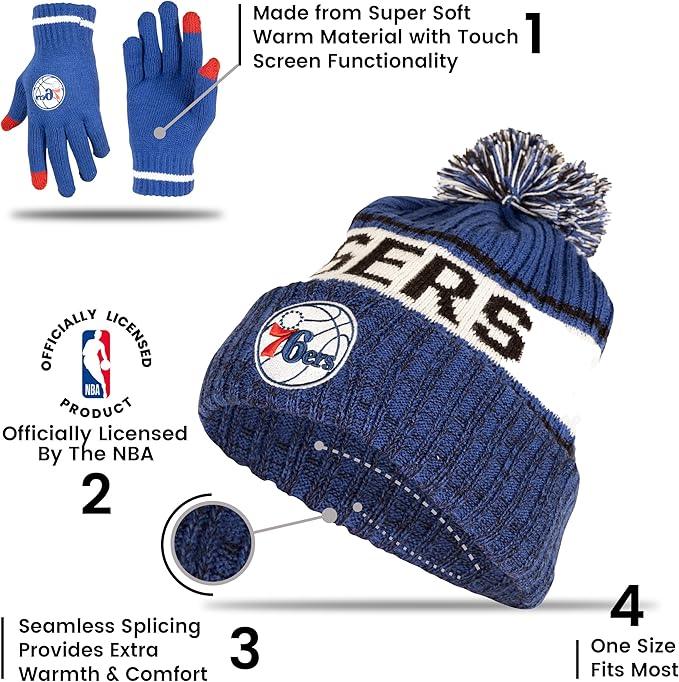 Ultra Game NBA Official Men’s Super Soft Winter Beanie Knit Hat With Extra Warm Touch Screen Gloves - Unisex, Philadelphia 76ers, Team Color, 1SIZE|Philadelphia 76ers