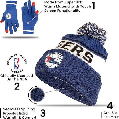 Ultra Game NBA Official Men’s Super Soft Winter Beanie Knit Hat With Extra Warm Touch Screen Gloves - Unisex, Philadelphia 76ers, Team Color, 1SIZE|Philadelphia 76ers