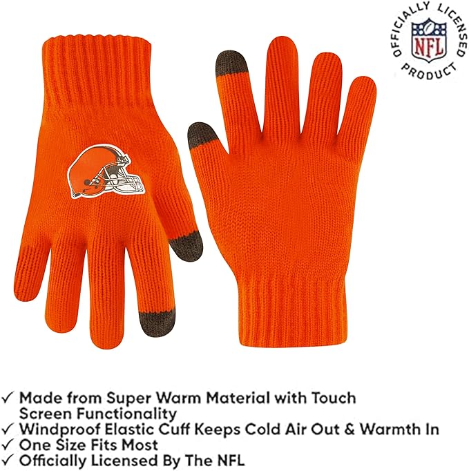 Ultra Game NFL Official Adults Unisex Super Soft Winter Beanie Knit Hat With Extra Warm Touch Screen Gloves, Cleveland Browns, Team Color, 1SIZE|Cleveland Browns