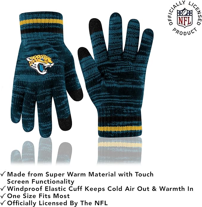 Ultra Game Adults Unisex NFL Official Super Soft Marl Knit Winter Beanie Knit Hat with Extra Warm Touch Screen Gloves|Jacksonville Jaguars