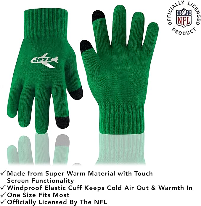 NFL Official Adults Super Soft Winter Beanie Knit Hat with Extra Warm Touch Screen Gloves|New York Jets