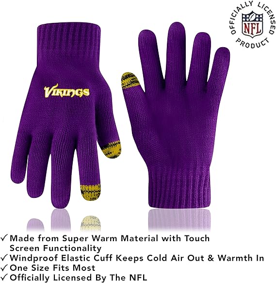 Ultra Game NFL Official Youth Super Soft Two Tone Winter Beanie Knit Hat with Extra Warm Touch Screen Gloves, Minnesota Vikings, Team Color, One Size|Minnesota Vikings