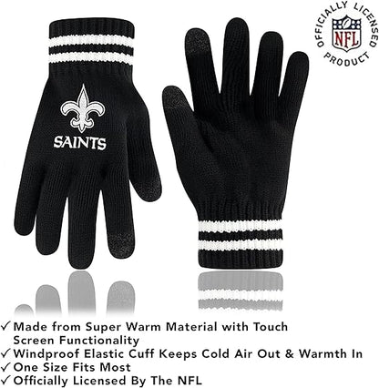 Ultra Game NFL Official Adults Super Soft Marled Winter Beanie Knit Hat with Extra Warm Touch Screen Gloves, New Orleans Saints, Black, One Size|New Orleans Saints