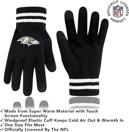 Ultra Game NFL Official Adults Super Soft Marled Winter Beanie Knit Hat with Extra Warm Touch Screen Gloves, Baltimore Ravens, Black, One Size|Baltimore Ravens