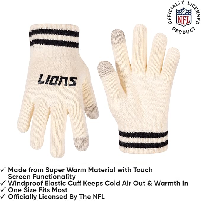 Ultra Game NFL Official Adults Super Soft Cable Knit Winter Beanie Knit Hat with Extra Warm Touch Screen Gloves, Detroit Lions, One Size|Detroit Lions